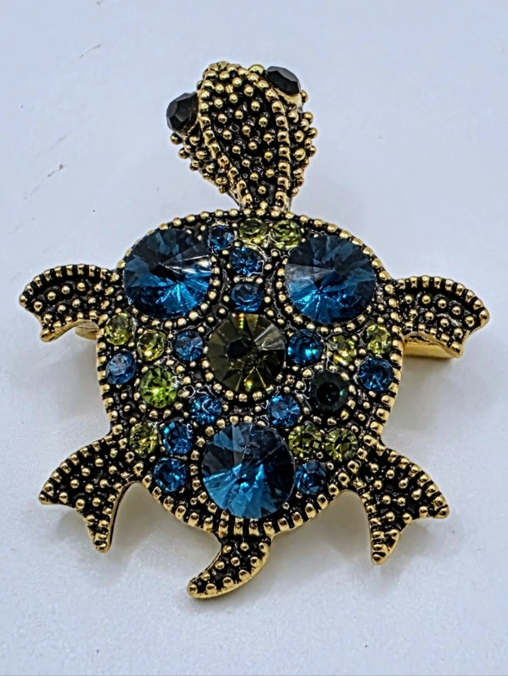 Turtle Brooch Blue Green Rhinestone Gold Tone Sea Turtle Pin Vintage